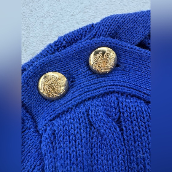 Lauren Ralph Lauren Gold button Blue Cable Knit Crewneck Sweater size XL - Picture 3 of 7